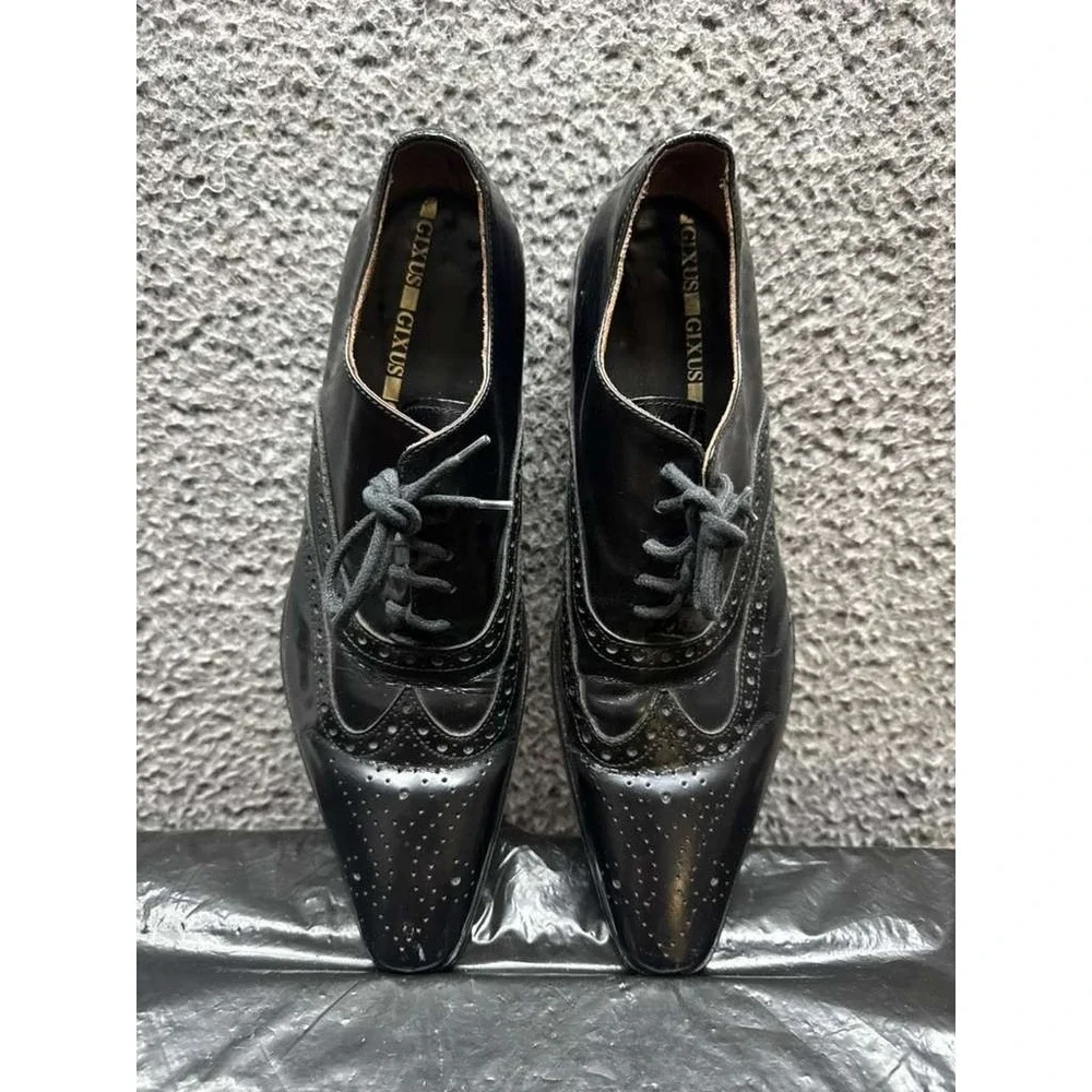 Gixus Italian Leather Lace-Up‎ Wingtip Oxford Dress Shoes Black Mens Size 42 EU